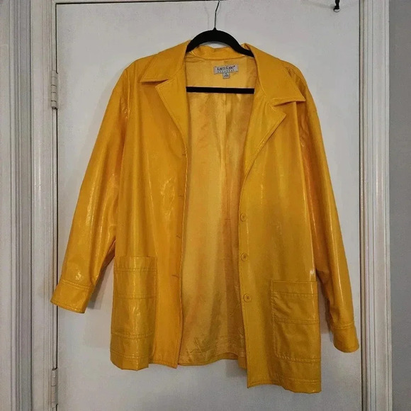 Vintage 90s Karen Kane Yellow Vinyl Rain Coat Size Small - Picture 3 of 6